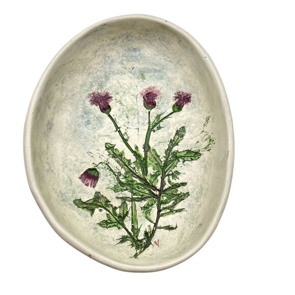 Salt MarshPottery Thistle flower hanging oval dish trinket rings MA - Picture 1 of 9